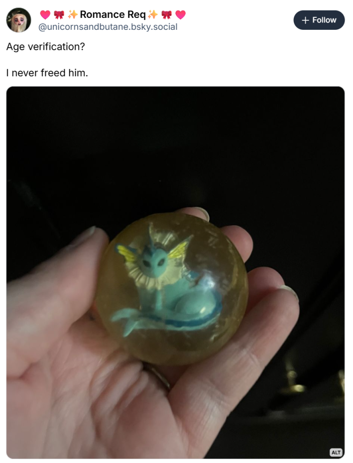 BlueSky post that reads, "Age verification?I never freed him." with a photo of an enclosed Vaporeon.