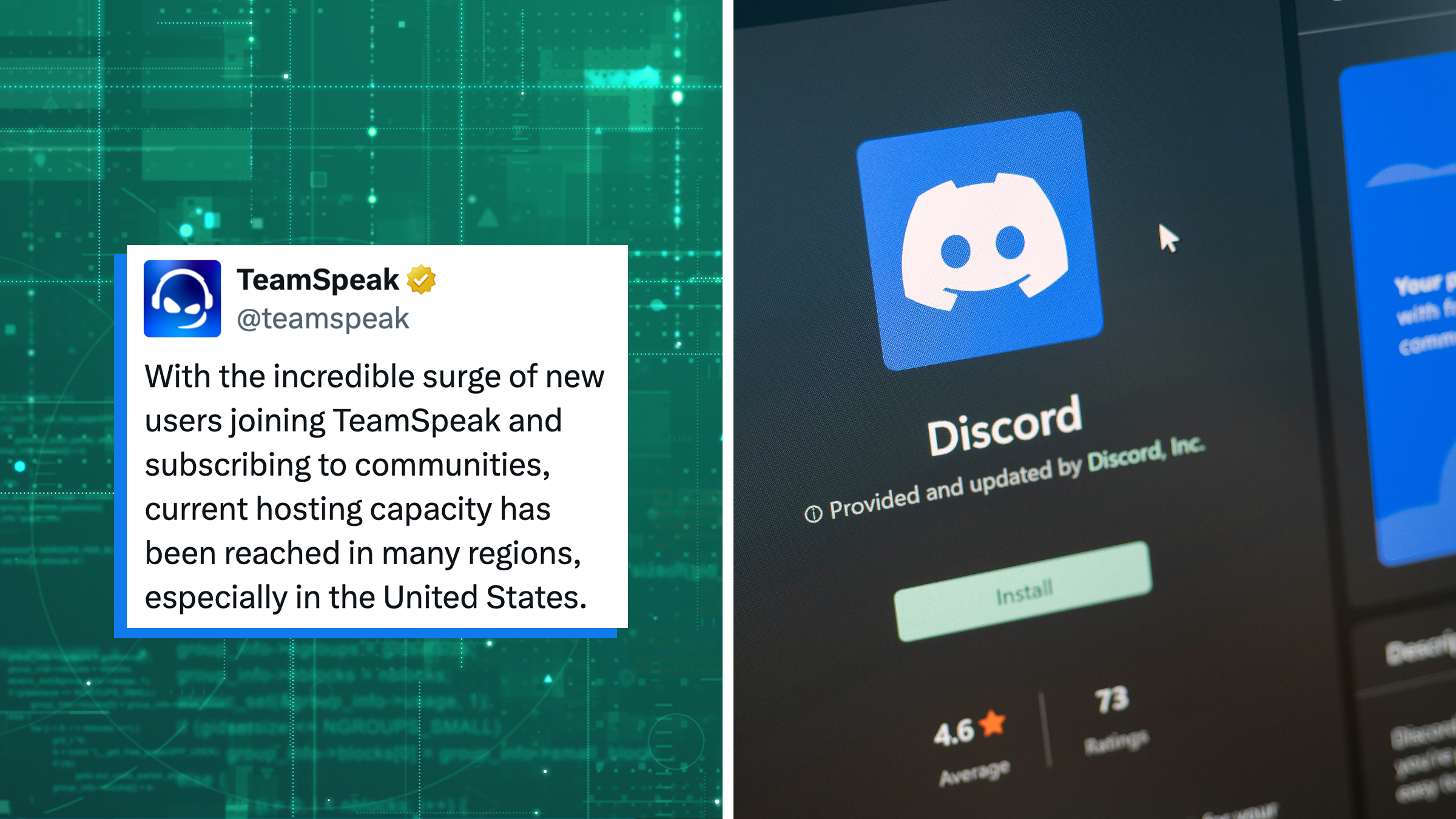 Tweet from TeamSpeak reading: "With the incredible surge of new users joining TeamSpeak and subscribing to communities, current hosting capacity has been reached in many regions, especially in the United States"