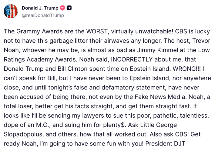 Trump's post on Truth Social about Trevor Noah and the Grammys.