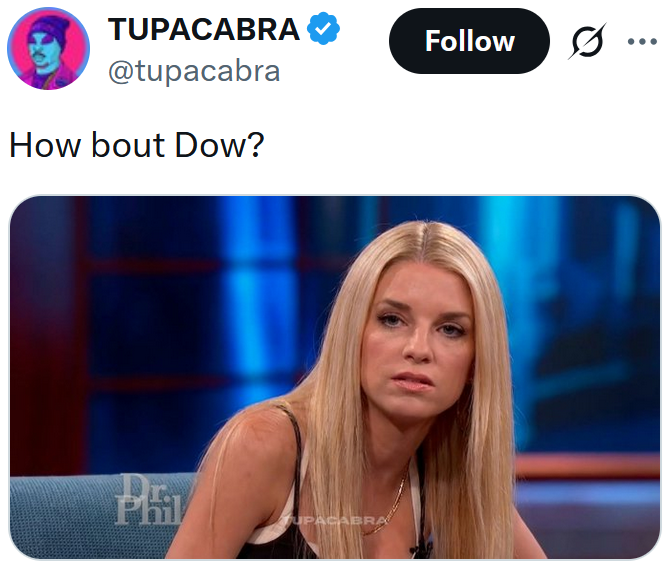 Tweet reading "How bout Dow?" with a screenshot of a woman on Dr. Phil.