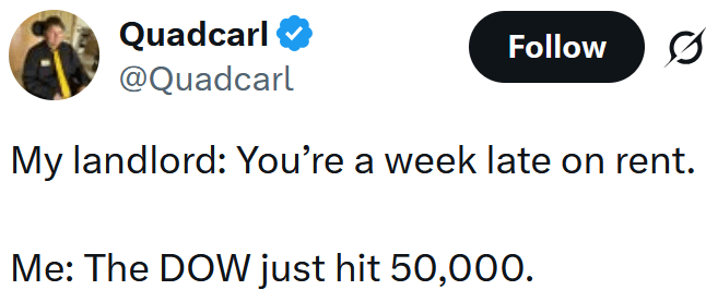Tweet reading "My landlord: You’re a week late on rent. Me: The DOW just hit 50,000."