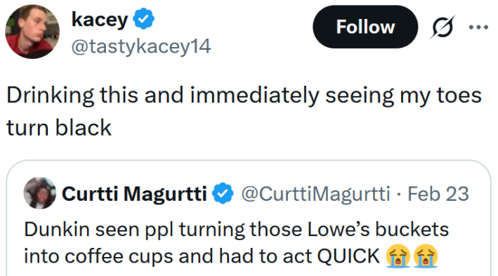 Tweet reading "Drinking this and immediately seeing my toes turn black"