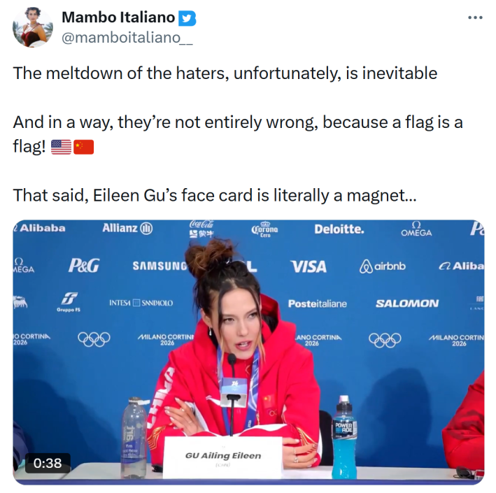 Tweet that reads, "The meltdown of the haters, unfortunately, is inevitableAnd in a way, they’re not entirely wrong, because a flag is a flag! 🇺🇸🇨🇳That said, Eileen Gu’s face card is literally a magnet…"