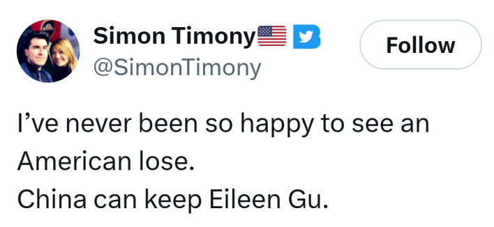 Tweet that reads, "I’ve never been so happy to see an American lose. China can keep Eileen Gu."