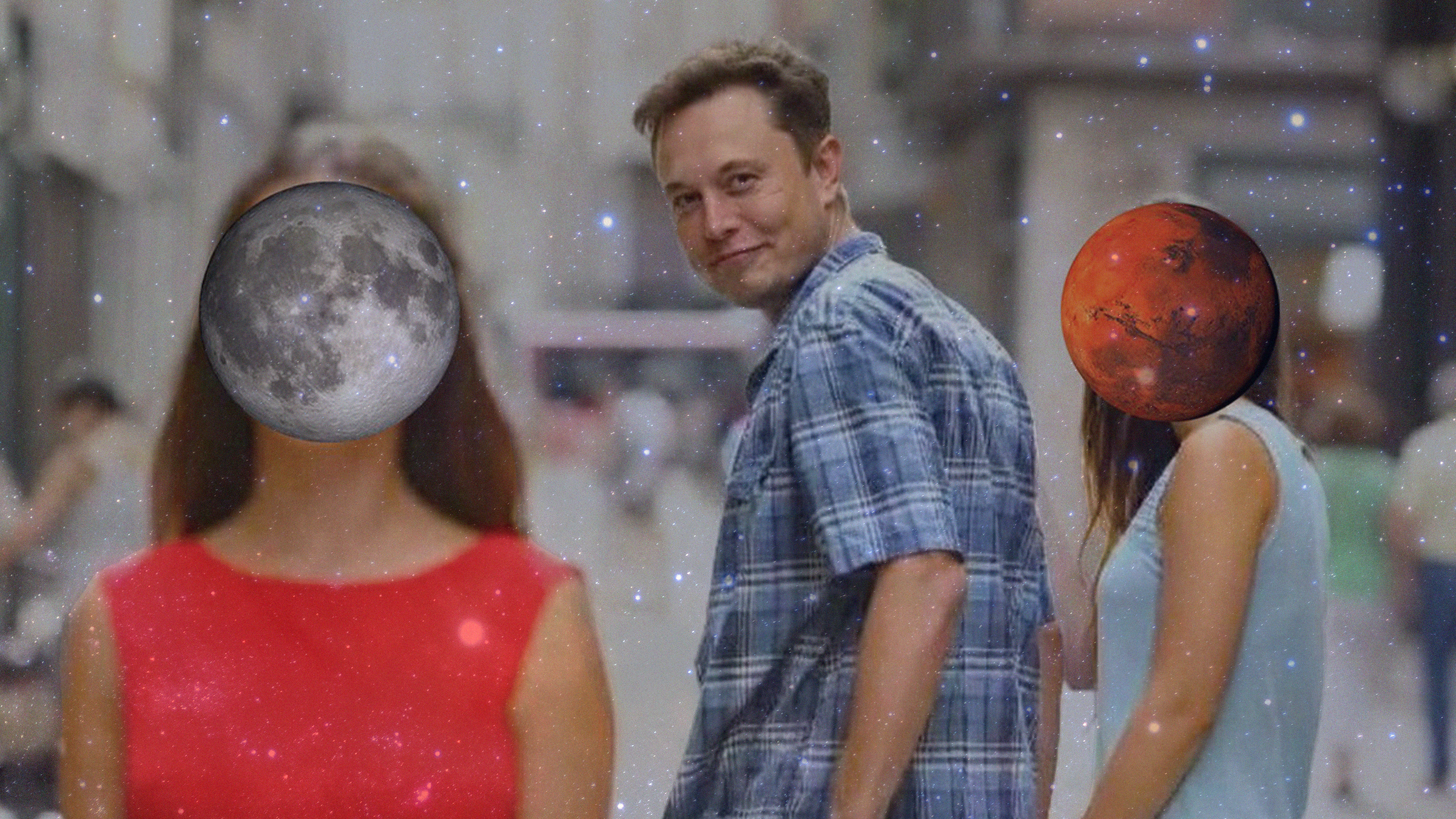 meme of Elon musk looking away from mars and at the moon i stead