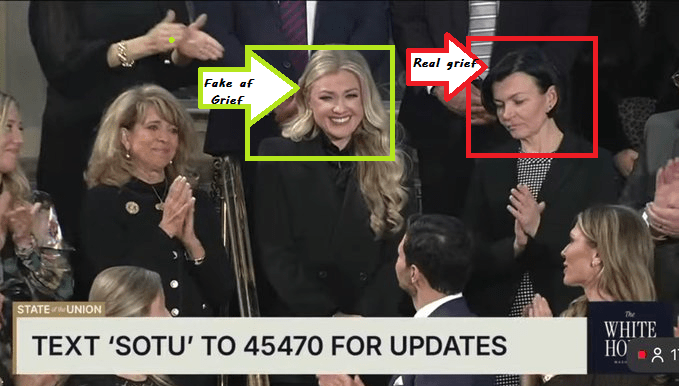 Screenshot of Erika Kirk next to a family who lost someone around the same time as Charlie Kirk was assassinated. There are boxes around the two women, Erika smiling and text reads, "Fake af Grief" and the other woman, looking downcast, saying, "Real grief."