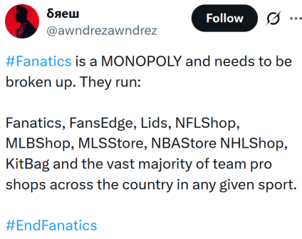 Leitura de tweets "#Fanatics é um MONOPÓLIO e precisa ser desmembrado. Eles administram: Fanatics, FansEdge, Lids, NFLShop, MLBShop, MLSStore, NBAStore NHLShop, KitBag e a grande maioria das lojas profissionais de equipes em todo o país em qualquer esporte. #EndFanatics"