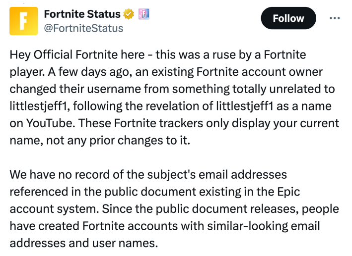 Fortnite's response to a viral conspiracy theory about Jeffrey Epstein being alive and playing Fortnite disproving it.