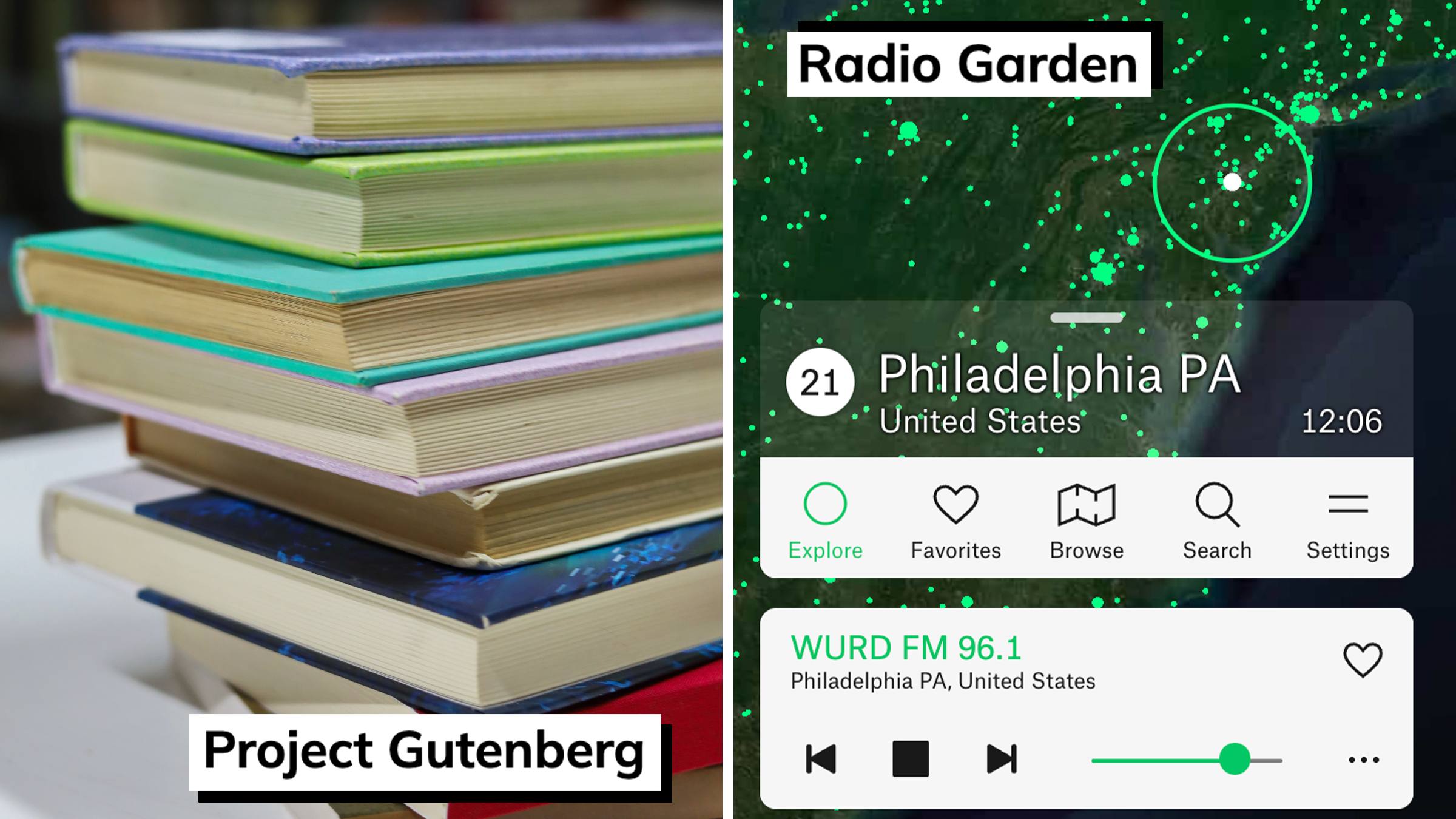 A stack of books next to a screenshot of Radio Garden