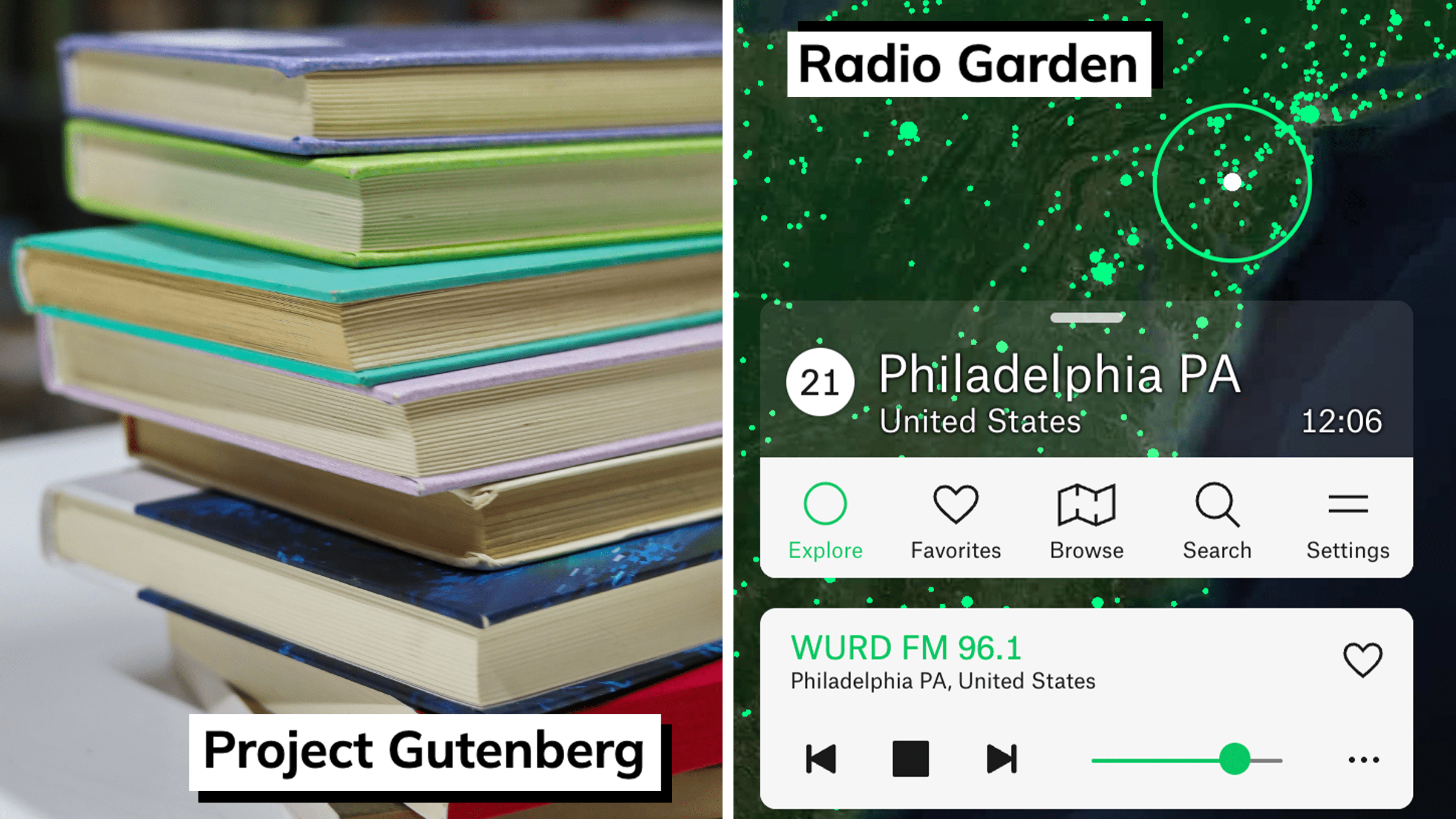 A stack of books next to a screenshot of Radio Garden