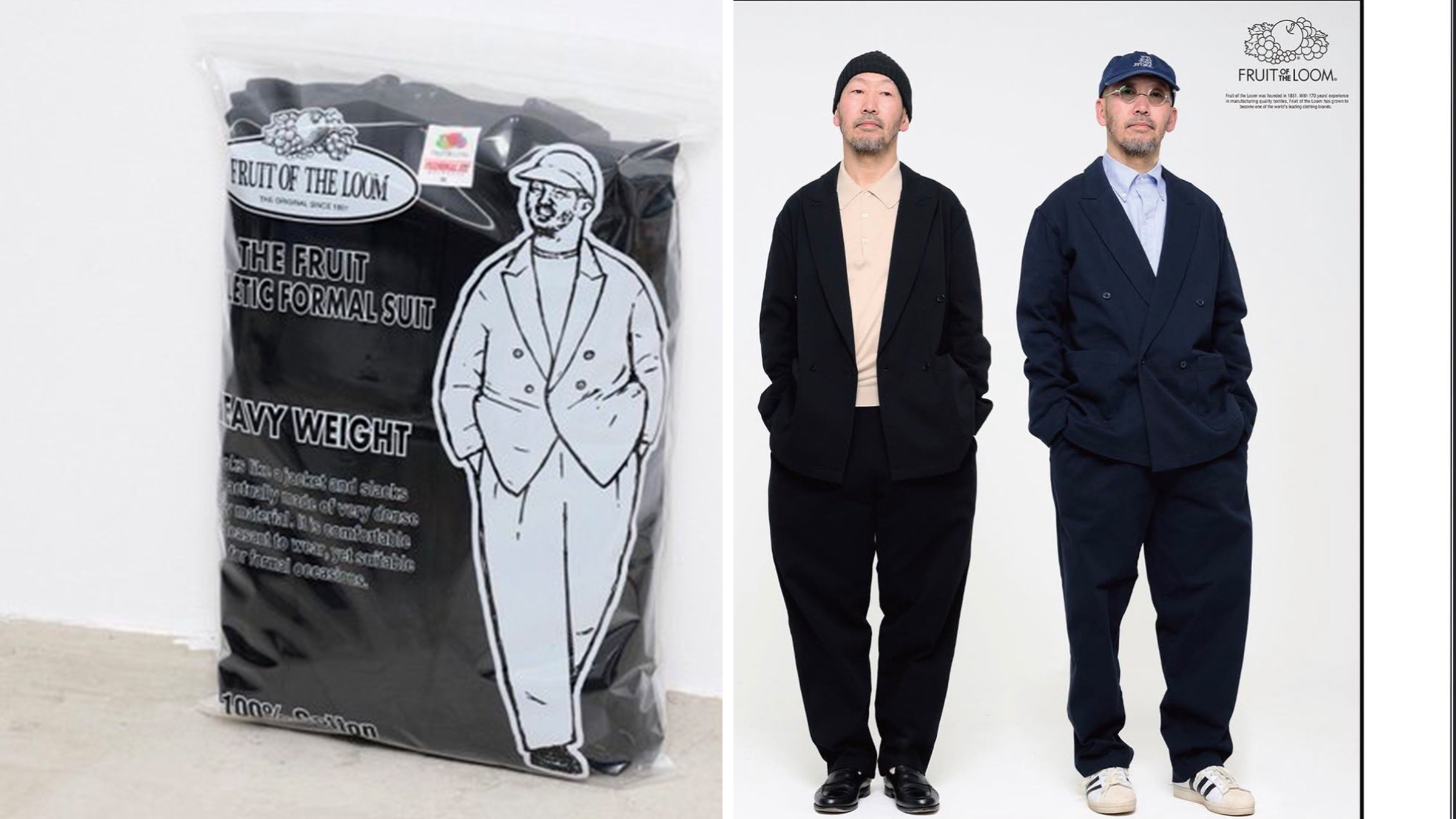 Left: Fruit of the Loom Japan launches suit pack in 12oz cotton jersey, seen in plastic bag. Right: Two Japanese models wearing the Fruit of the Loom suit in black.