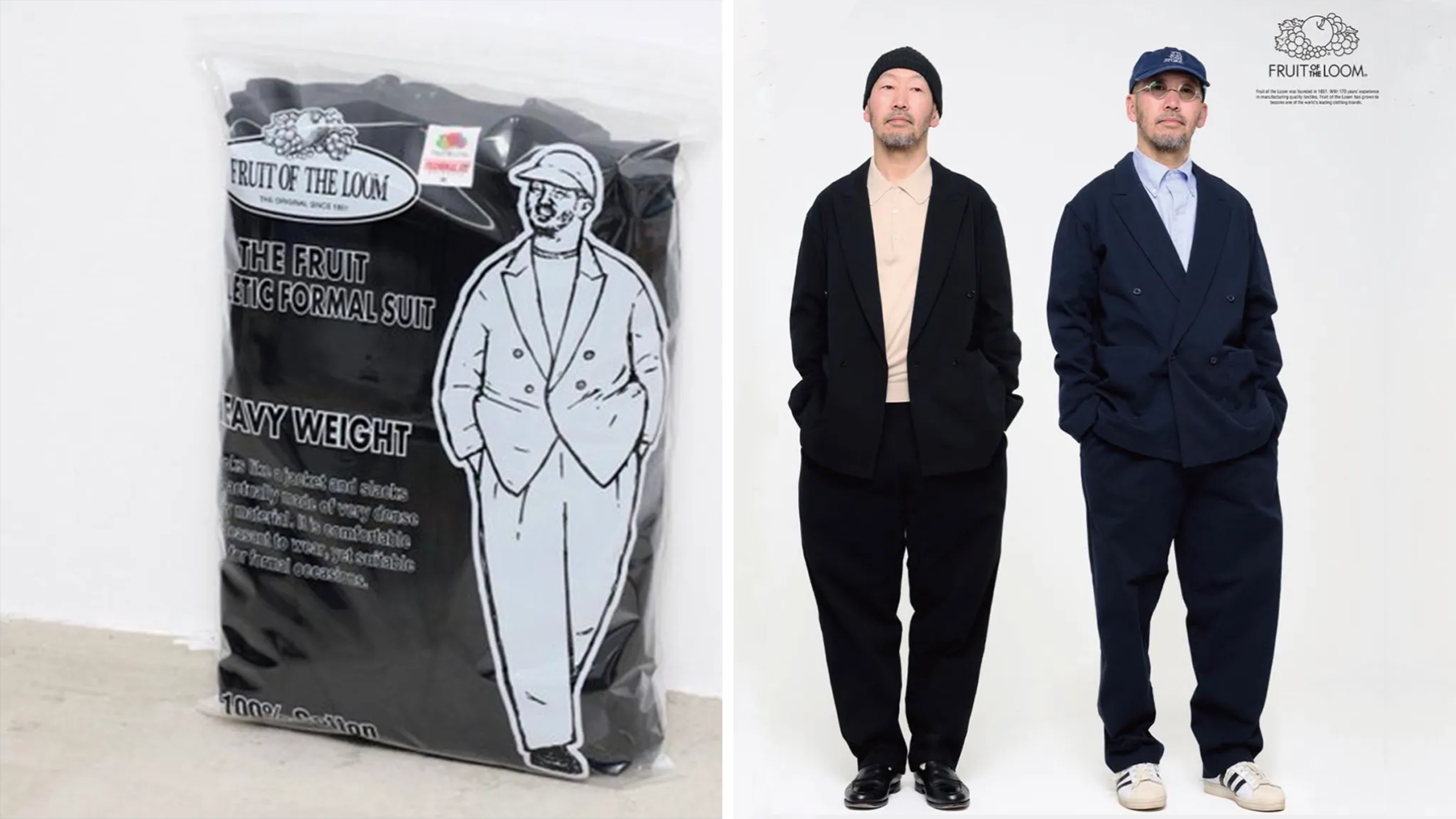 Left: Fruit of the Loom Japan launches suit pack in 12oz cotton jersey, seen in plastic bag. Right: Two Japanese models wearing the Fruit of the Loom suit in black.