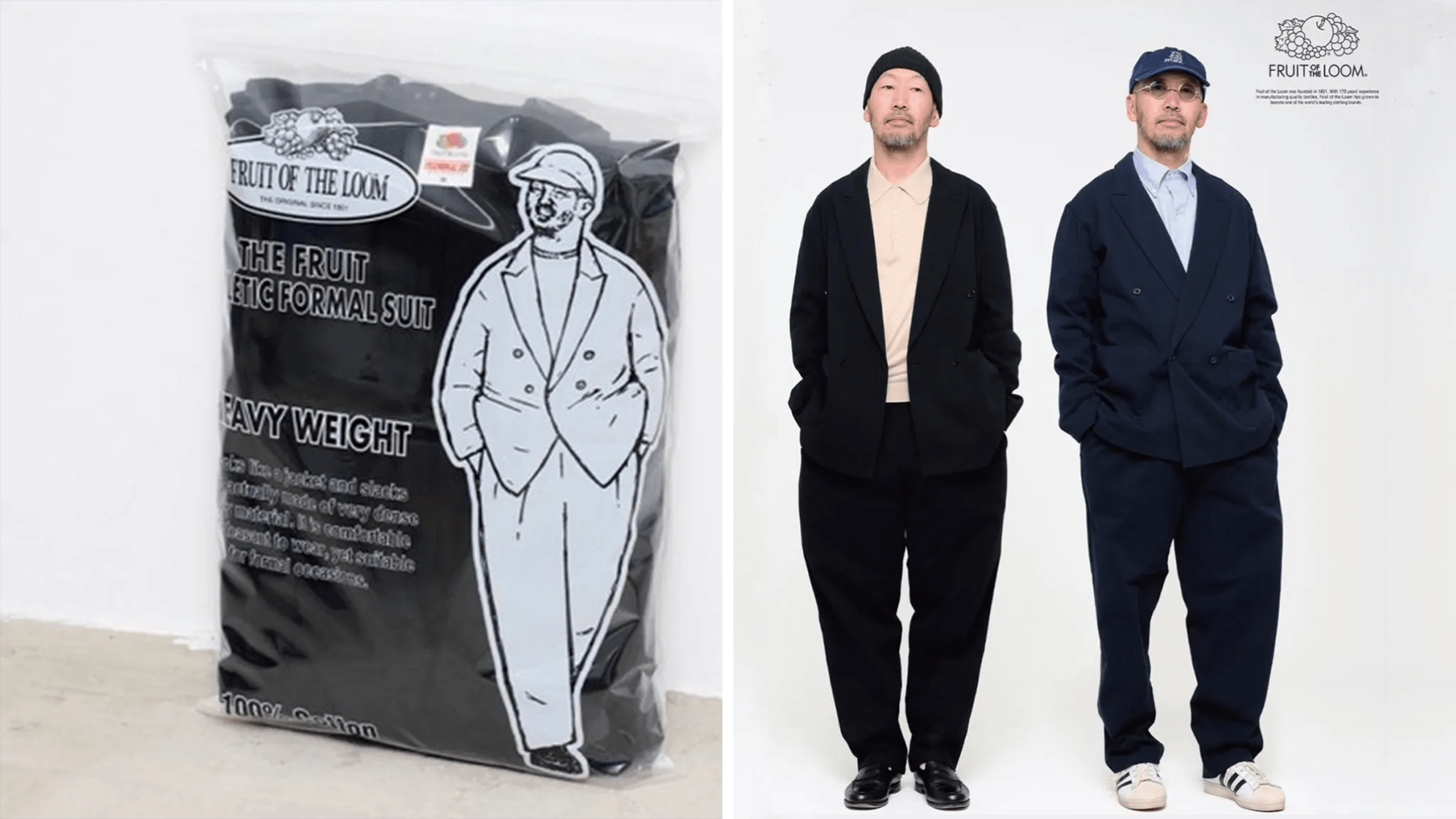 Left: Fruit of the Loom Japan launches suit pack in 12oz cotton jersey, seen in plastic bag. Right: Two Japanese models wearing the Fruit of the Loom suit in black.