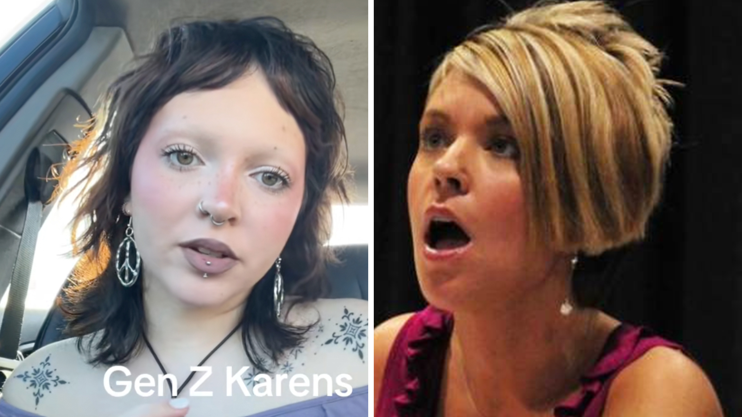 Left: Young woman sitting in her car, text overlay reads "Gen Z Karens." Right: Kate Gosselin Karen meme.