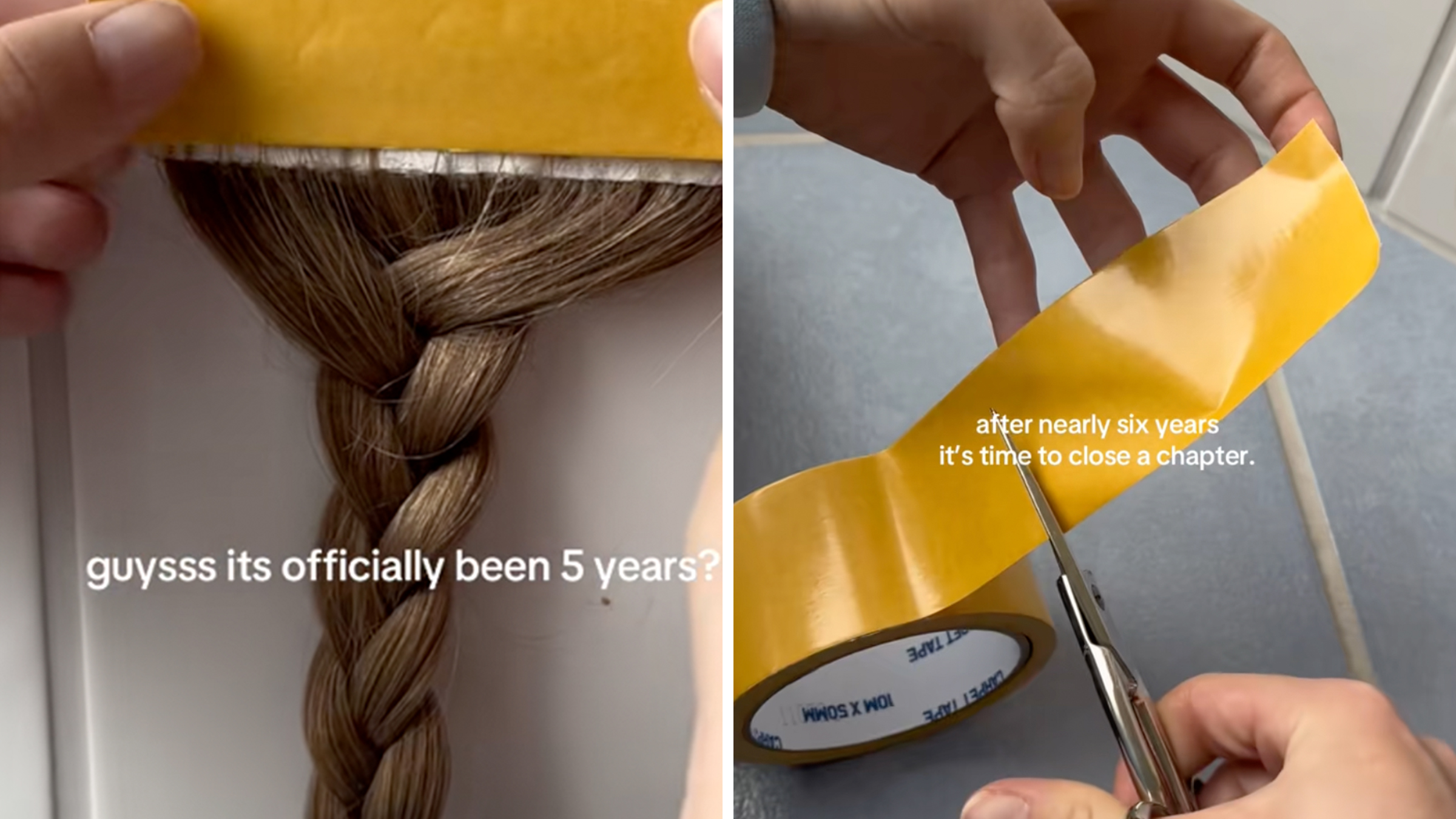 Left: Woman's hair in the form of a braid taped to the wall of a shower.