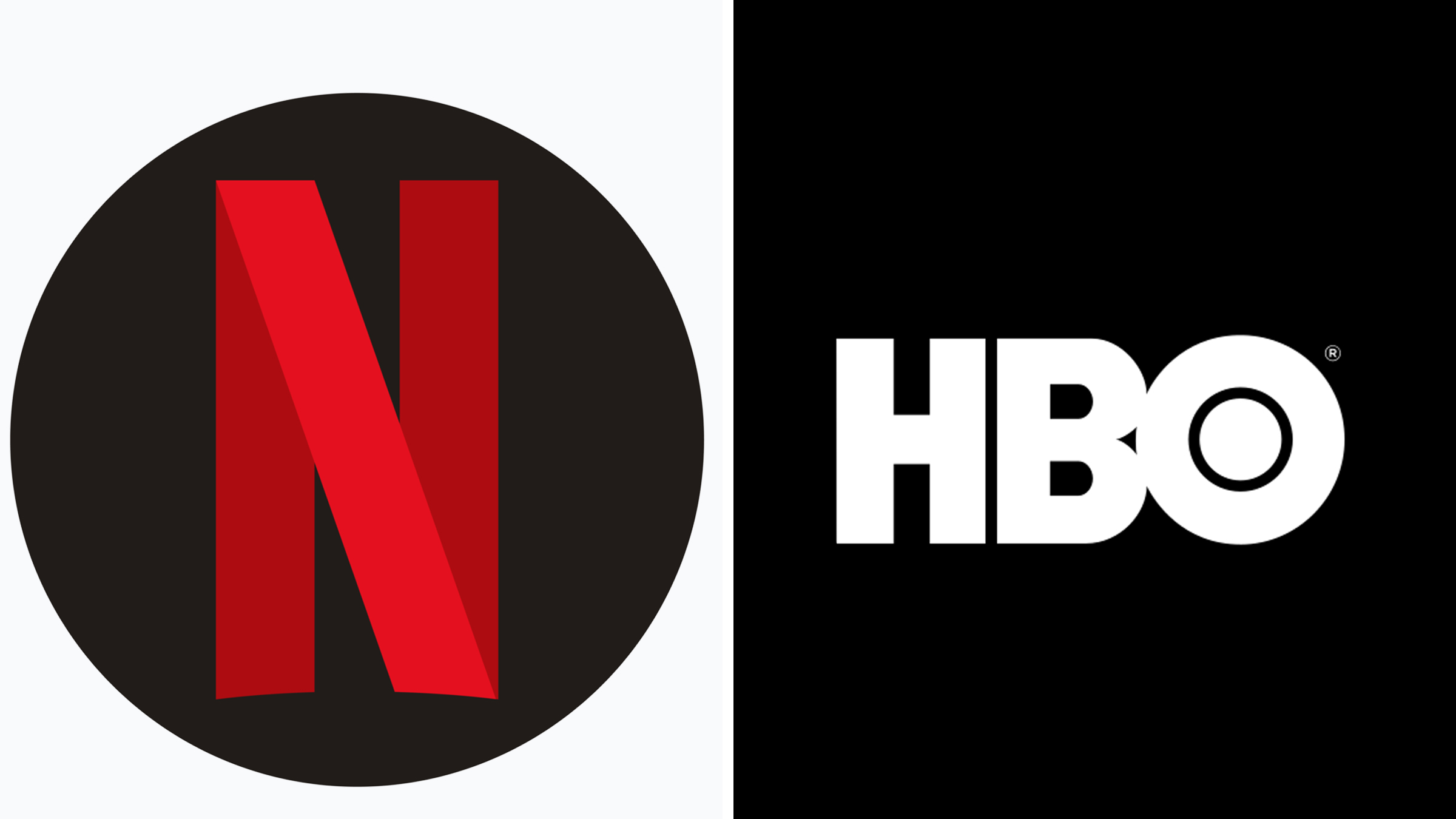 Left: Netflix Logo, red letter N on black circle. Right: White HBO logo on black background.