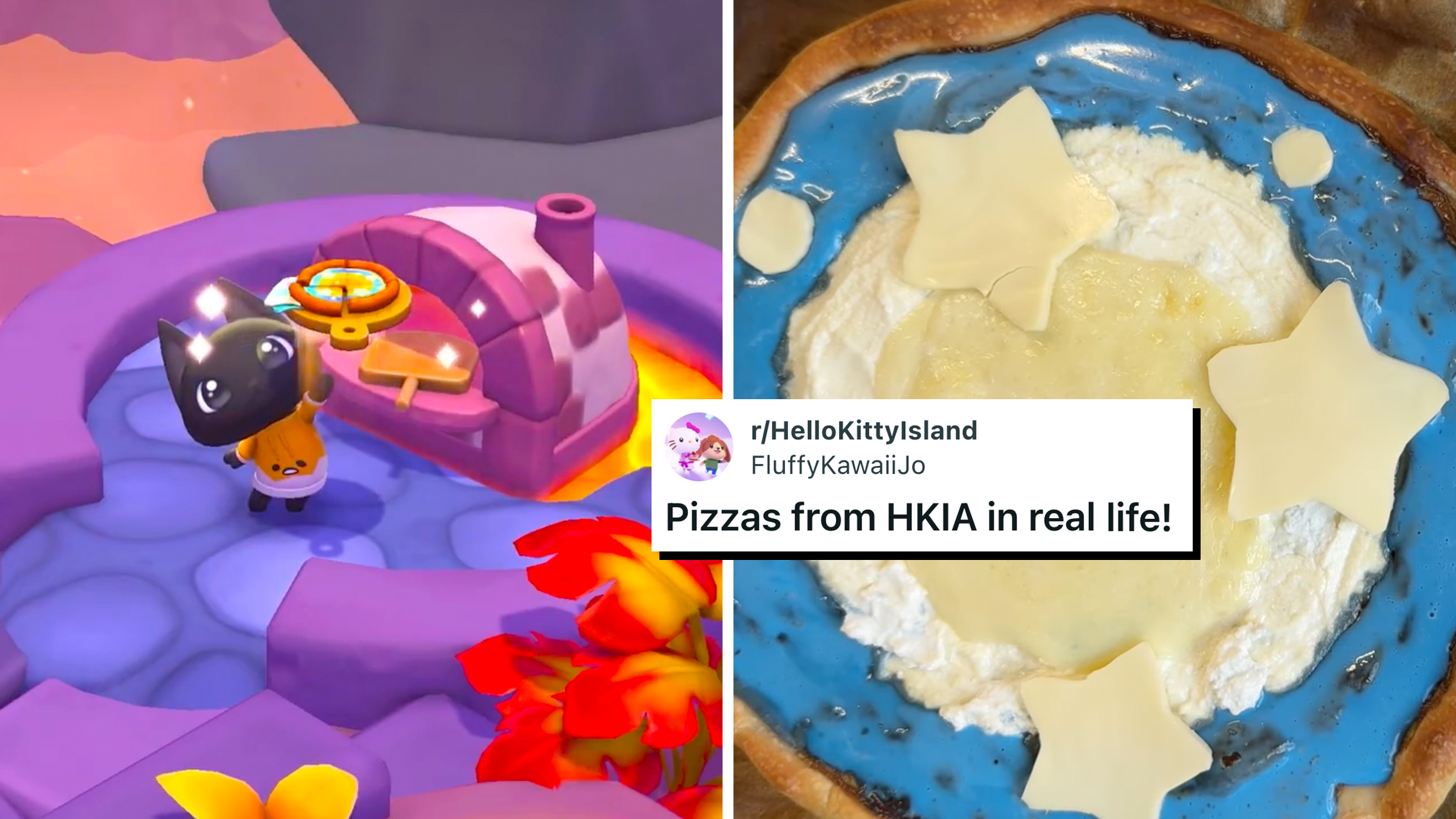 Left: A screenshot of Hello Kitty Island Adventure gameplay; Right: A blue pizza with star-shaped cheese