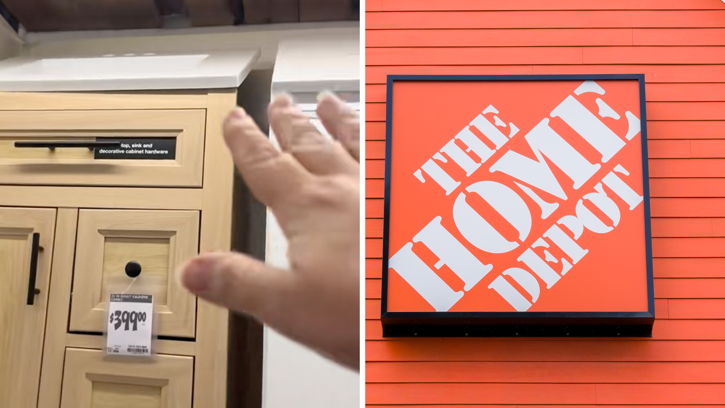 Left: Woman's right hand pointed at a sink display in a Home Depot store. Right: The Home Depot store exterior.