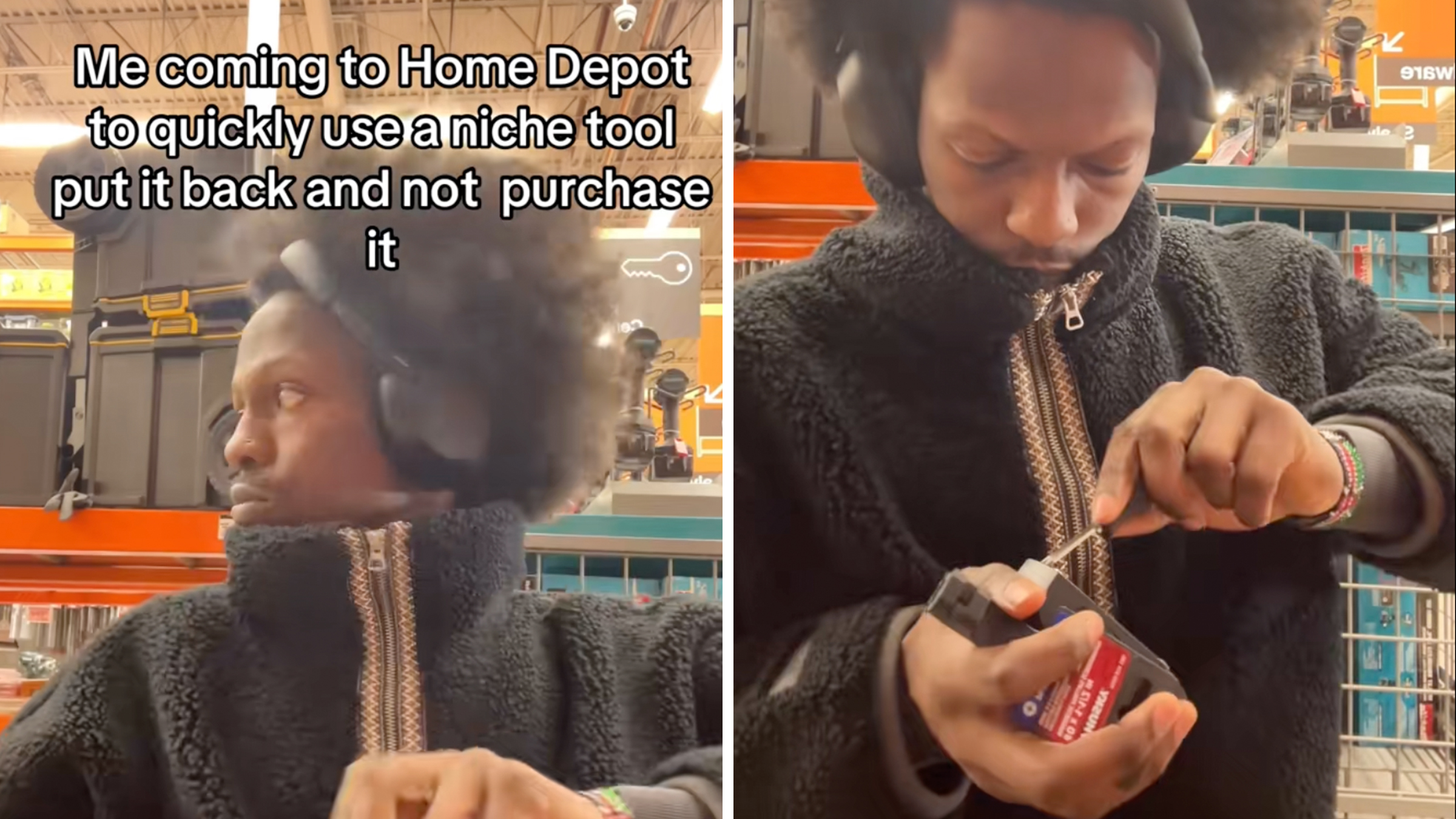 TikTok screenshots: Man inside of a Home Depot store using a screwdriver. Text overlay reads, "Me coming to Home Depot to use a niche tool, put it back, and not purchase it."
