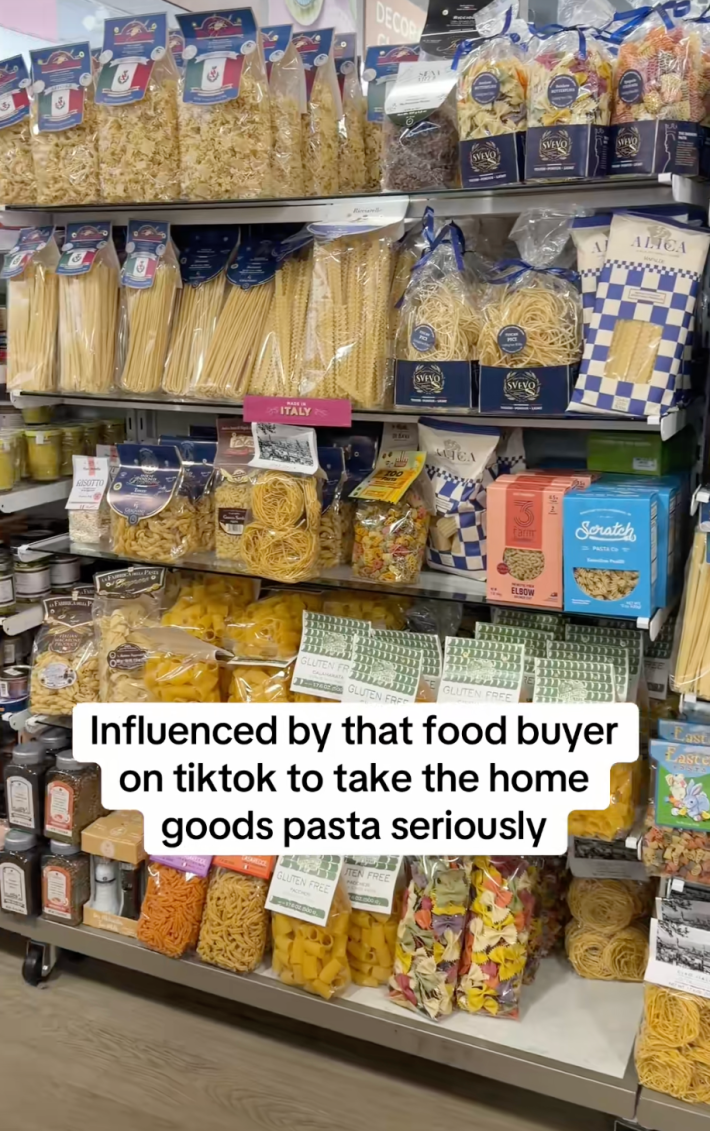 @dimitriasays/TikTok dry pasta and gourmet foods at home goods "influenced by that food buyer on tiktok to take the home goods pasta seriously."
