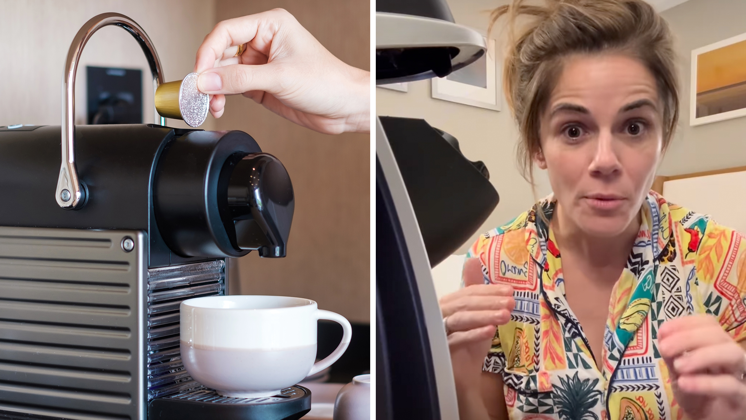 Left: Hand making Espresso by Coffee Machine with capsules on wood table. Right: Influencer in colorful shirt sitting next to a hotel room coffee maker.