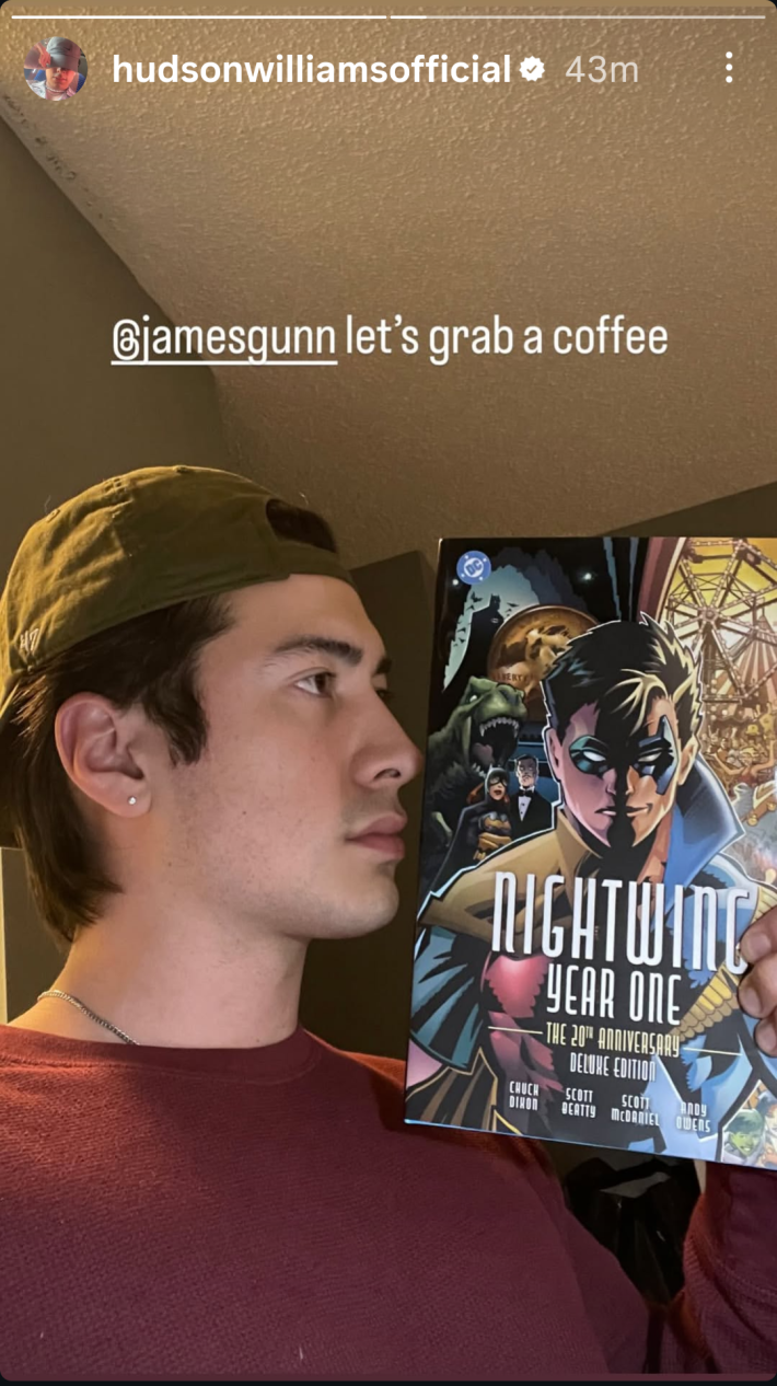Hudson Williams' Instagram Story asking James Gunn to grab coffee with him while holding up the comic of Nightwing Year One.