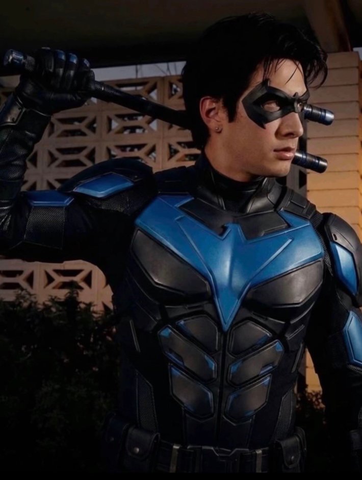 Photoshopped image of Hudson Williams as Nightwing, in the full suit and holding a weapon over one shoulder.