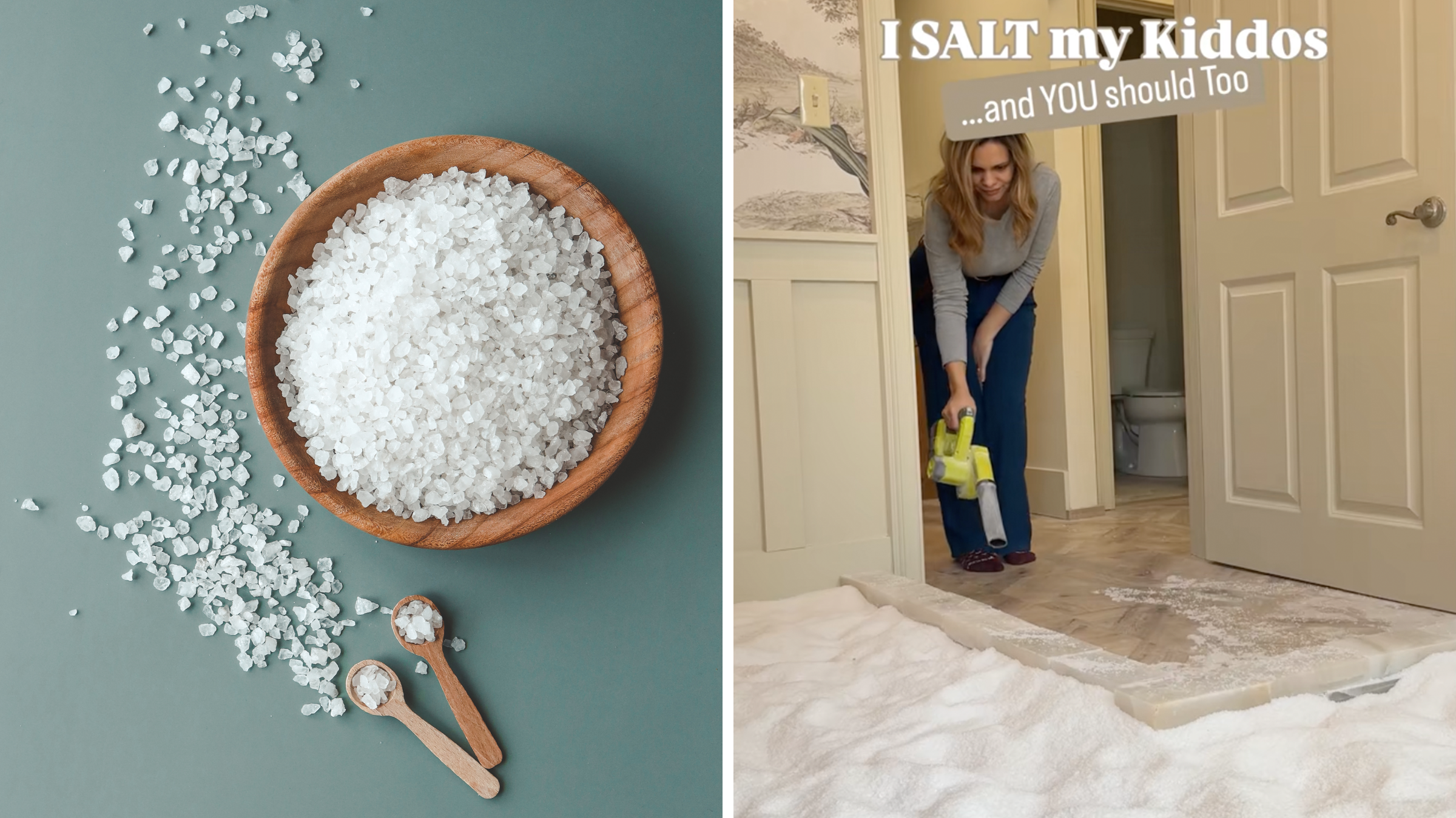 Woman standing over a pile of salt with the caption, "i salt my kiddos and you should too"