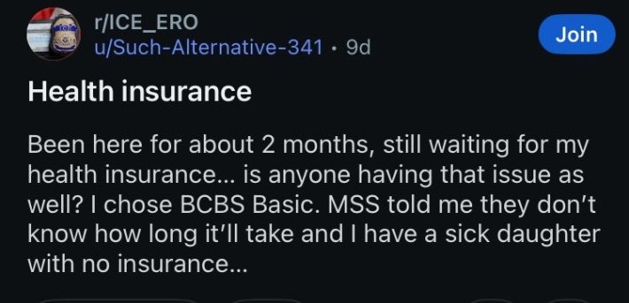 Reddit post that reads, "Been here for about 2 months, still waiting for my health insurance... is anyone having that issue as well? I chose BCBS Basic. MSS told me they don't know how long it'll take and I have a sick daughter with no insurance..."