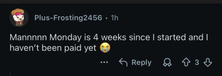 Reddit post that reads, "Mannnnn Monday is 4 weeks since I started and I haven't been paid yet (sob emoji)"