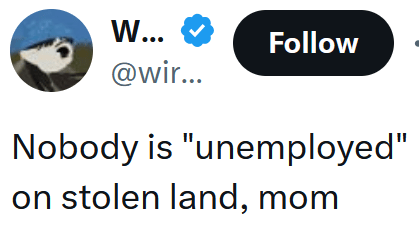Tweet reading "Nobody is "unemployed" on stolen land, mom"