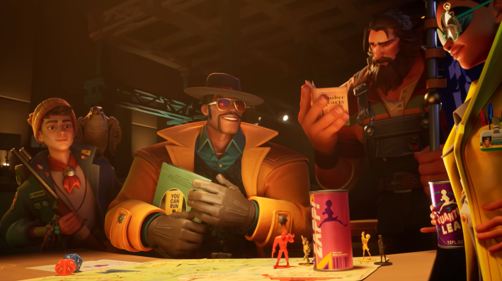 A group of 3D animated figures gathered around a table with maps and figures representing them.