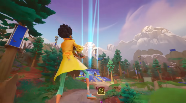 A playable character in Last Flag shooting in the direction of a building in front of them. There are trees and mountains in the distance.