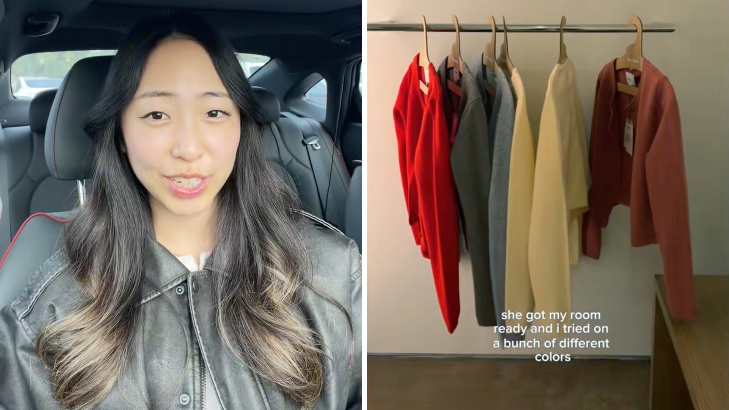 L: woman sitting in car R: clothes on a hanger in a dressing room