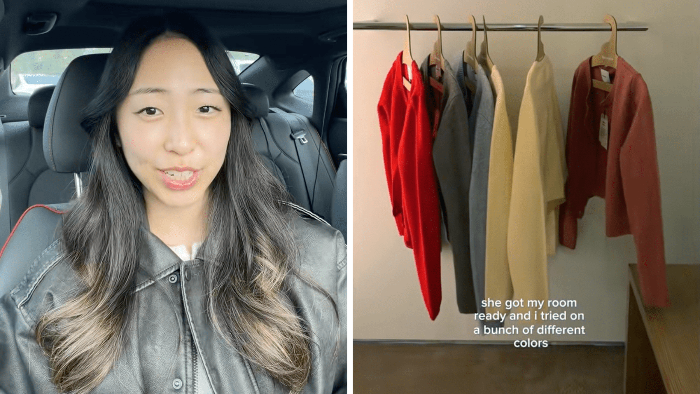 L: woman sitting in car R: clothes on a hanger in a dressing room