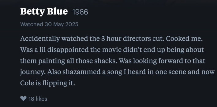 Accidentally watched the 3 hour directors cut. Cooked me. Was a lil disappointed the movie didn’t end up being about them painting all those shacks. Was looking forward to that journey. Also shazammed a song I heard in one scene and now Cole is flipping it.
