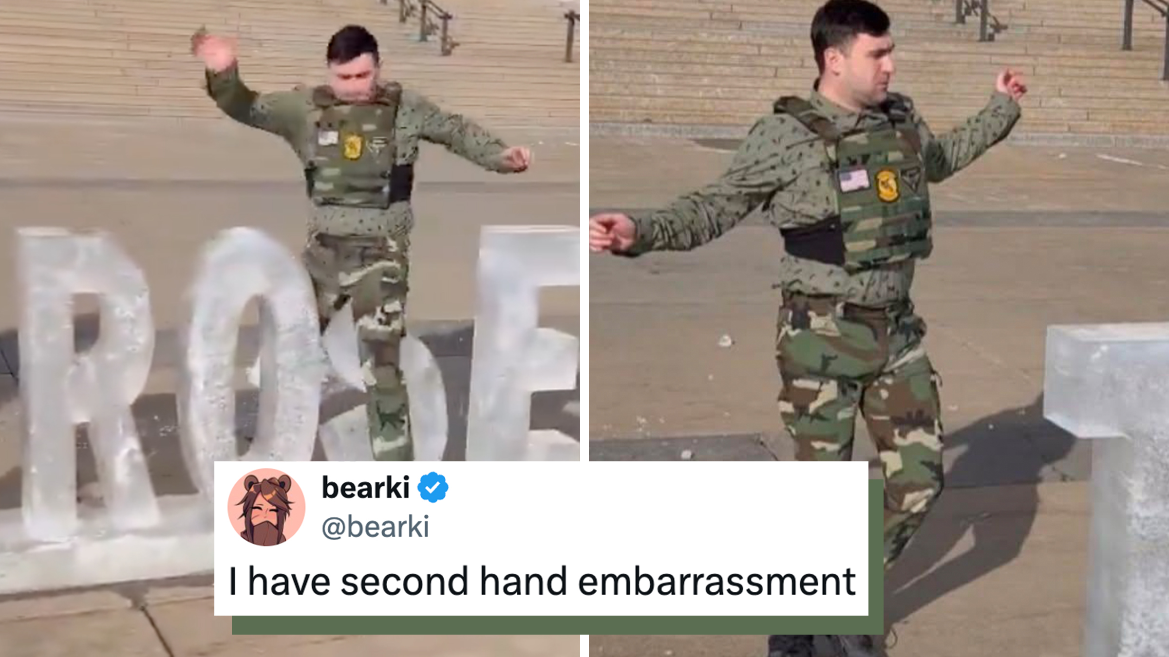 Right-wing influencer Jake Lang wearing a camo outfit kicking an anti-ICE sign made of ice in St. Paul, Minnesota. Tweet text overlay reads, "I have second hand embarrassment."