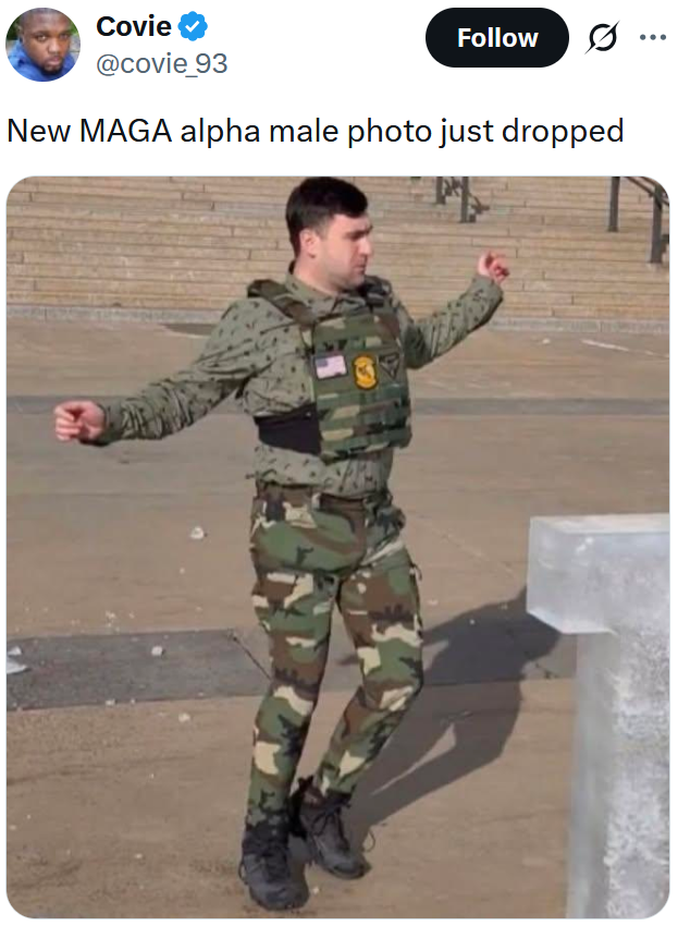 Tweet reading "New MAGA alpha male photo just dropped" with a screenshot of Jake Lang damaging the "Prosecute ICE" sculpture.