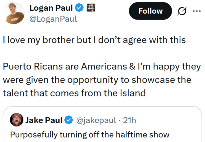 Logan Paul tweet reading "I love my brother but I don’t agree with this Puerto Ricans are Americans & I’m happy they were given the opportunity to showcase the talent that comes from the island"