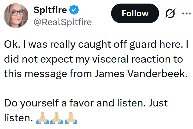 Tweet reading "Ok. I was really caught off guard here. I did not expect my visceral reaction to this message from James Vanderbeek. Do yourself a favor and listen. Just listen."