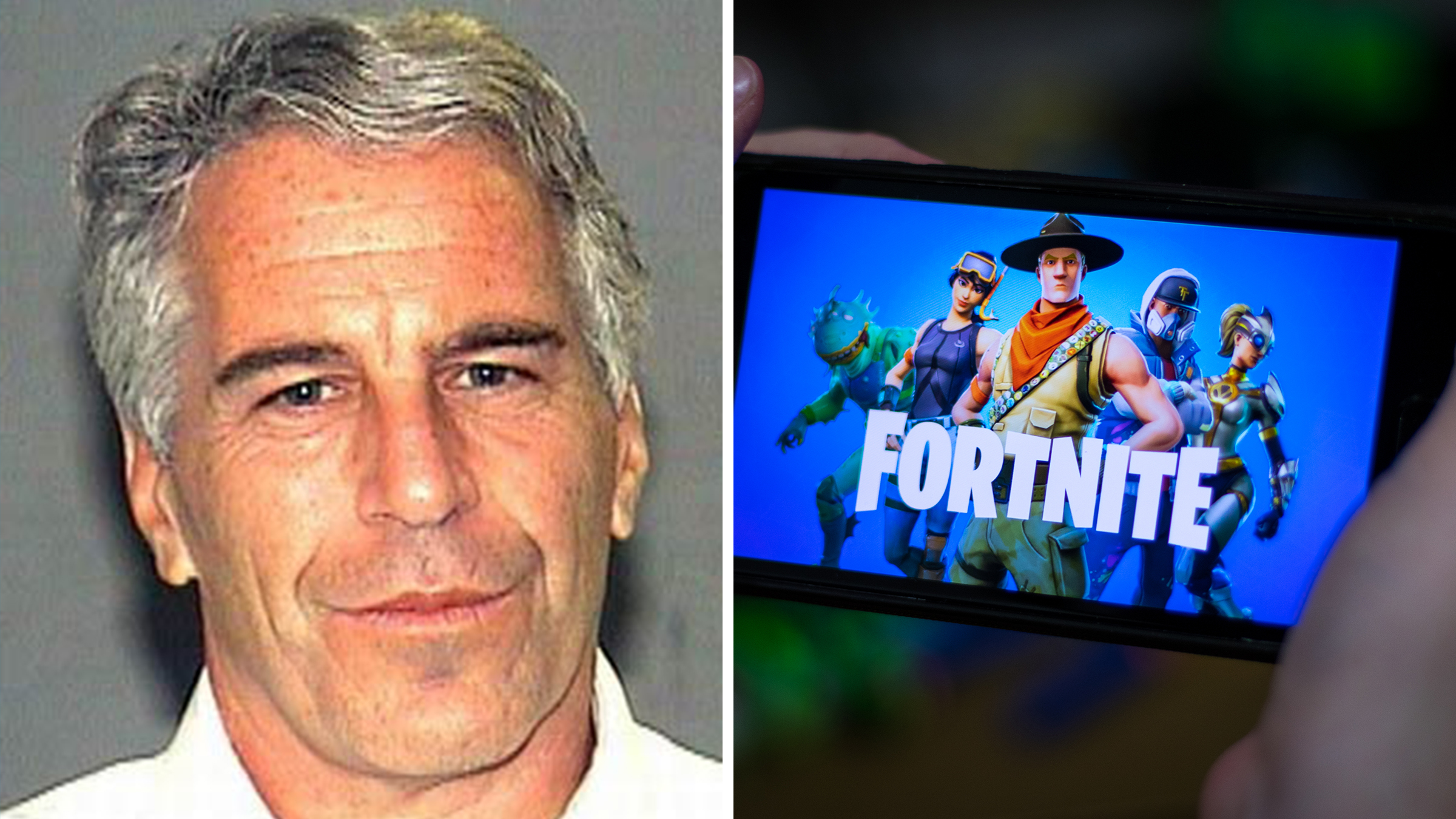 Left: Mug shot of Jeffrey Epstein made available by the Palm Beach County Sheriff's Department in 2006. Right: : Child holding cell phone with Fortnite game loading.