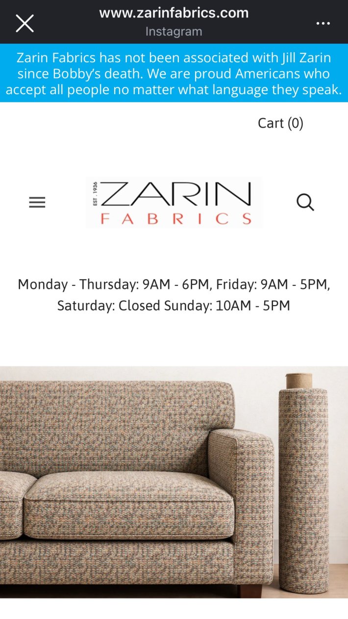 Zarin Fabrics website screenshot.