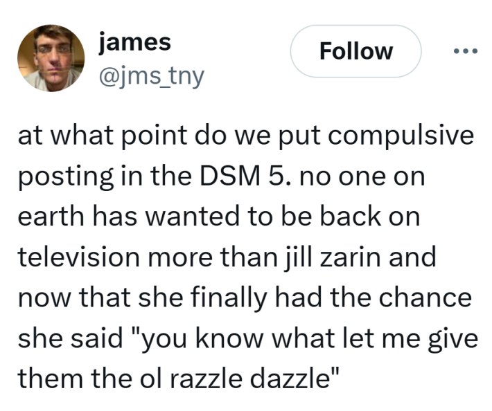 Tweet that reads, "at what point do we put compulsive posting in the DSM 5. no one on earth has wanted to be back on television more than jill zarin and now that she finally had the chance she said 'you know what let me give them the ol razzle dazzle'"