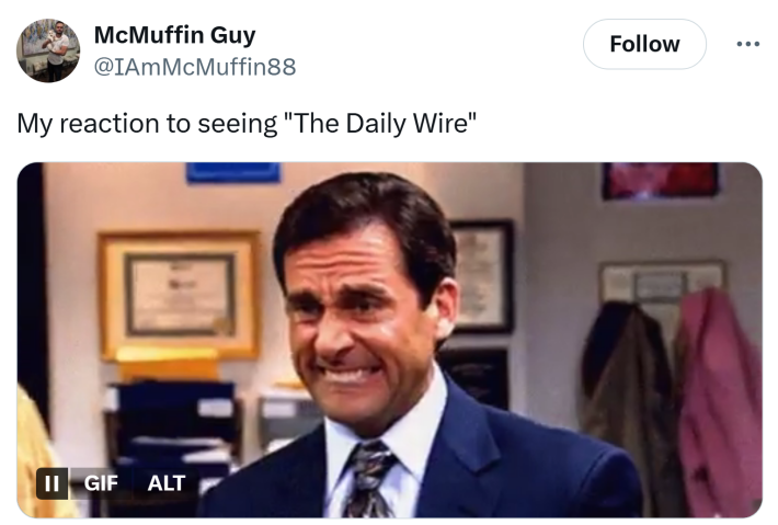 Tweet that reads, "My reaction to seeing 'The Daily Wire'" with a GIF of Steve Carell biting his lip.