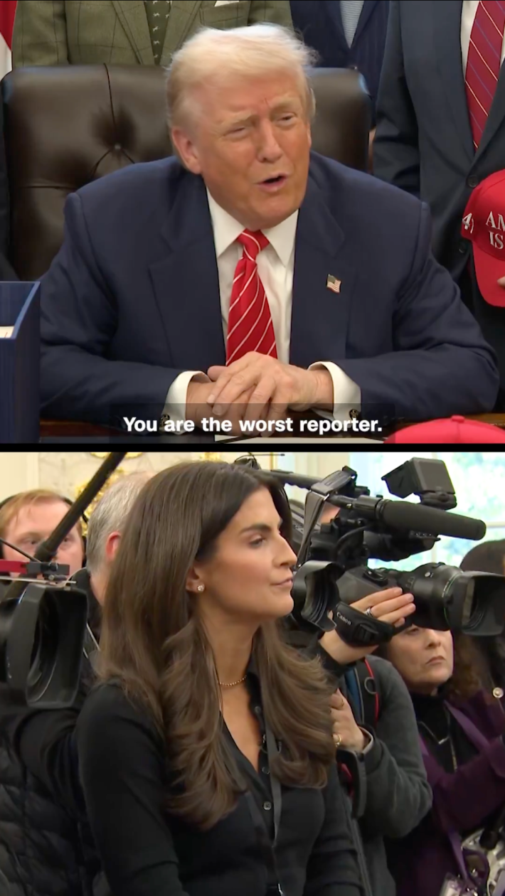 Split screen view of Trump and CNN reporter Kaitlan Collins. Trump is saying, "You are the worst reporter."
