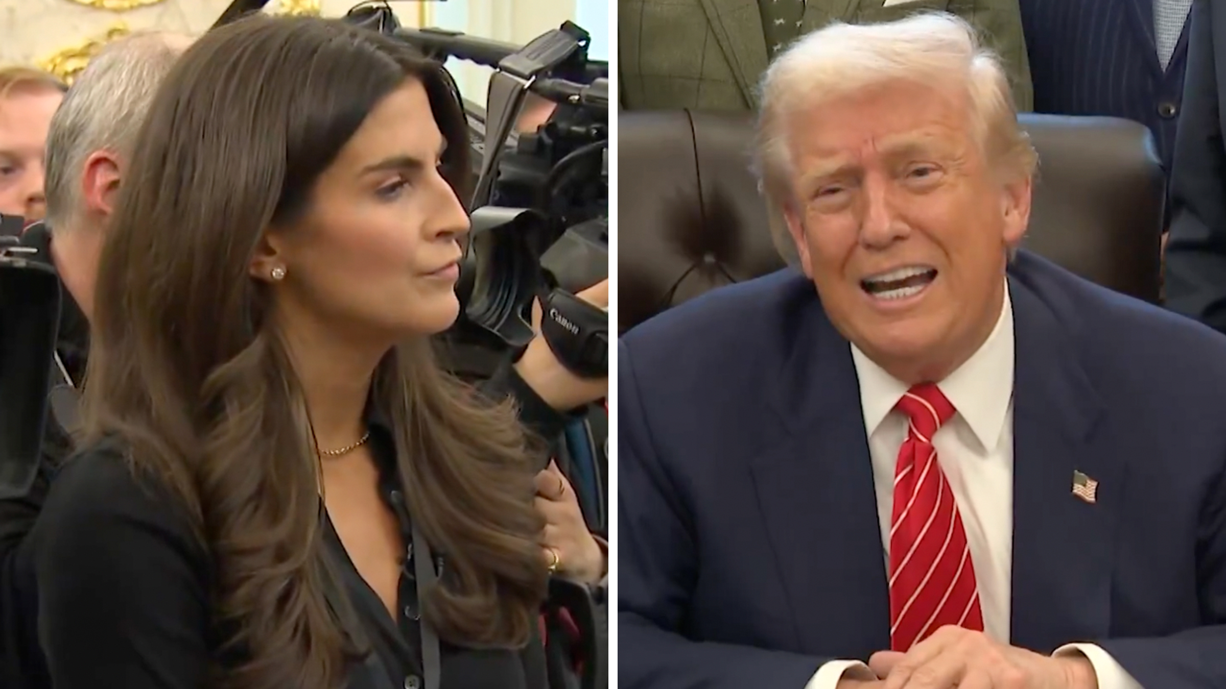 Left: CNN Chief White House Correspondent Kaitlan Collins in the Oval Office surrounded by reporters and cameras, speaking to the president. Right: President Donald Trump in a red tie sitting at his desk in the Oval Office, speaking to reporter Kaitlan Collins.