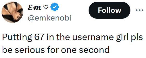 Tweet reading "Putting 67 in the username girl pls be serious for one second"