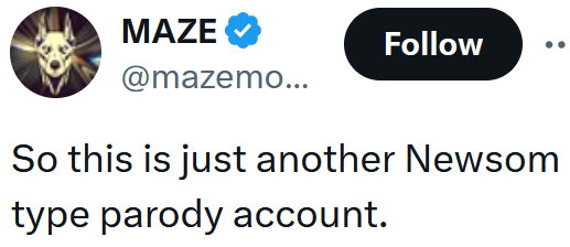 Tweet reading "So this is just another Newsom type parody account."
