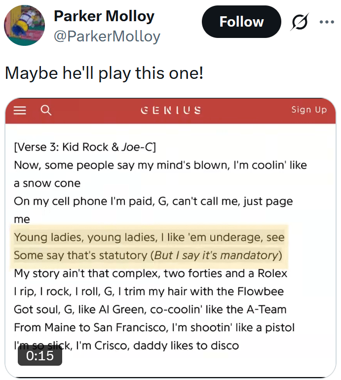 Tweet reading "Maybe he'll play this one!" Below is a screenshot of lyrics from Kid Rock's "Cool, Daddy Cool."