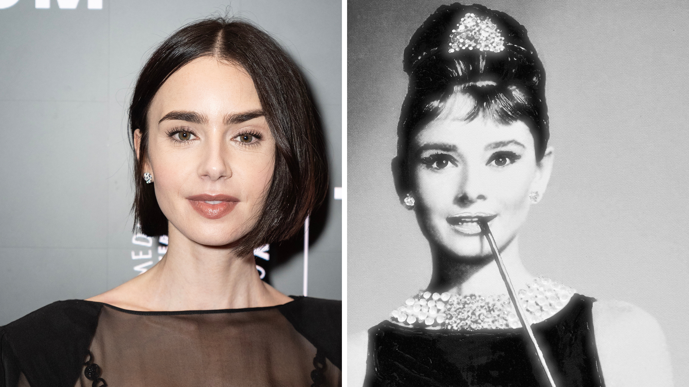 Left: Lily Collins with a bob in a black top in 2024. Right: Print of Audrey Hepburn as Holly Golightly in "Breakfast at Tiffany's."